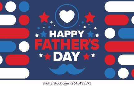 Happy Father’s Day. Honoring dads. Lovely celebration in June. Sweetest family holiday. Party event. Mustache and heart. Blue color. Creative art poster. Vector design
