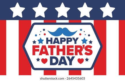 Happy Father’s Day. Honoring dads. Lovely celebration in June. Sweetest family holiday. Party event. Mustache and heart. Blue color. Creative art poster. Vector design