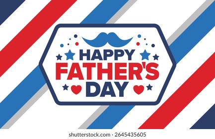 Feliz Dia dos Pais. Homenageando pais. Adorável celebração em junho. Feriado familiar mais doce. Evento do participante. Mustache e coração. Cor azul. Cartaz de arte criativa. Design vetorial