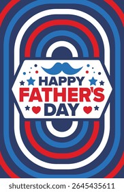 Happy Father’s Day. Honoring dads. Lovely celebration in June. Sweetest family holiday. Party event. Mustache and heart. Blue color. Creative art poster. Vector design