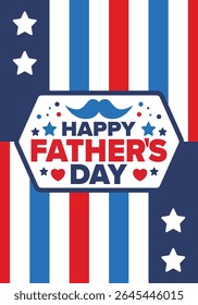 Happy Father’s Day. Honoring dads. Lovely celebration in June. Sweetest family holiday. Party event. Mustache and heart. Blue color. Creative art poster. Vector design