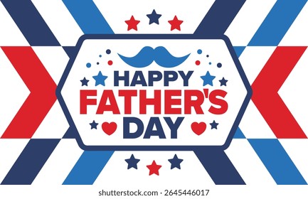 Feliz Dia dos Pais. Homenageando pais. Adorável celebração em junho. Feriado familiar mais doce. Evento do participante. Mustache e coração. Cor azul. Cartaz de arte criativa. Design vetorial