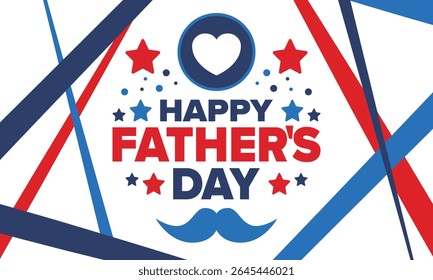 Happy Father’s Day. Honoring dads. Lovely celebration in June. Sweetest family holiday. Party event. Mustache and heart. Blue color. Creative art poster. Vector design