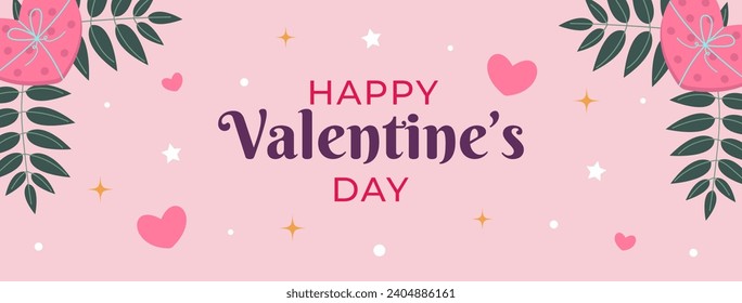 Happy Valentine’s day horizontal banner, background for social media. Romantic illustration with love elements and text. Modern and trendy vector illustration.