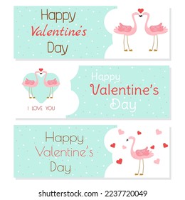 Happy Valentine’s day horizontal web header banner template set. Cute flamingo love and heart tag on pink background collection . Vector illustration.