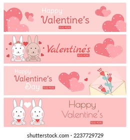 Happy Valentine’s day horizontal web header banner template set. Cute bunny love and heart tag on pink background collection . Vector illustration.