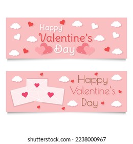 Happy Valentine’s day horizontal web header banner template set. Cute love and heart tag on pink background collection . Vector illustration.