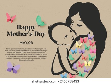 Happy Mother’s Day Illustration of Baby In Mother’s Arms with Paper Cut Multicolour Butterflies	
