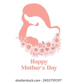 Happy Mother’s Day Illustration of Baby In Mother’s Breast with pink Paper Floral	
