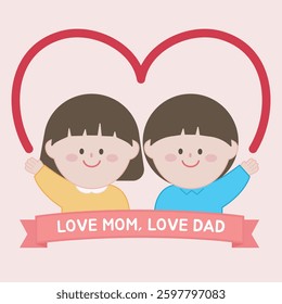 Happy Parents’ Day Illustration, Cute Siblings with Heart Shape