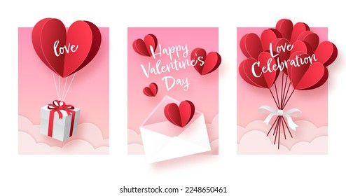 Happy Valentine’s Day Illustration of love with heart, gift, email, balloon and cloud background. Paper cut style. Vector illustration