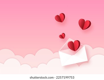 Happy Valentine’s Day Illustration of love with heart, gift, email, balloon and cloud background. Paper cut style. Vector illustration