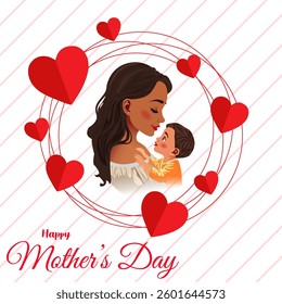 Happy Mother’s Day Illustration - Loving Mom and Baby Surrounded by Red Hearts in a Beautiful Circular Design - Perfect for Greeting Cards, Posters, Social Media, and Holiday Graphics.