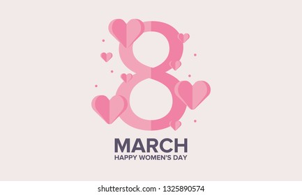 Happy Women’s Day. International holiday of female solidarity, which is celebrated on March 8. Beautiful inscription decorated with bright hearts. Poster, banner and background
