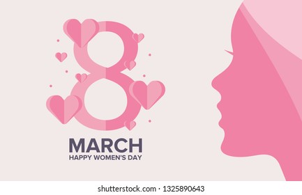 Happy Women’s Day. International holiday of female solidarity, which is celebrated on March 8. Silhouette of a girl adorned with hearts in bright colors. Poster, banner and background