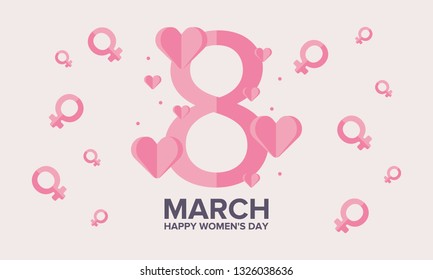 Happy Women’s Day. International holiday of female solidarity, which is celebrated on March 8. Beautiful inscription decorated with bright hearts. Poster, banner and background