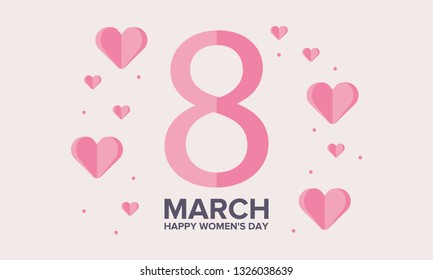 Happy Women’s Day. International holiday of female solidarity, which is celebrated on March 8. Beautiful inscription decorated with bright hearts. Poster, banner and background