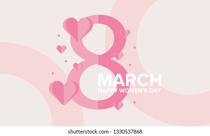 Happy Women’s Day. International holiday of female solidarity, which is celebrated on March 8. Beautiful inscription decorated with bright hearts. Poster, banner and background