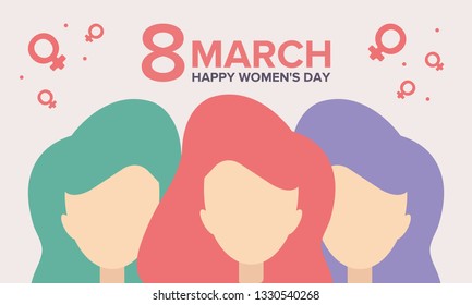 Happy Women’s Day. International holiday of female solidarity, which is celebrated on March 8. Silhouette of a girl in bright colors. Poster, banner and background