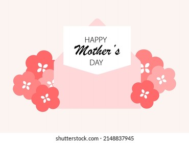 Happy Mother’s Day letter in pink envelope with flower background template design. Love, holiday celebration concept. Use for banner, greeting card, cover, flyer. Flat vector isolated illustration.