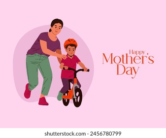 Feliz Día de la Madre escribiendo con madre e hijo jugando juntos Ilustración vectorial, Plantilla de Anuncio de medios sociales del Día de la Madre.