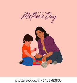 Feliz Día de la Madre escribiendo con madre e hijo jugando juntos Ilustración vectorial, Plantilla de Anuncio de medios sociales del Día de la Madre.