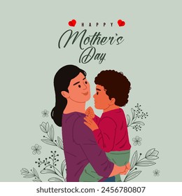 Happy Mother’s Day lettering with mother and child playing together vector illustration, Mother’s Day social media banner template.