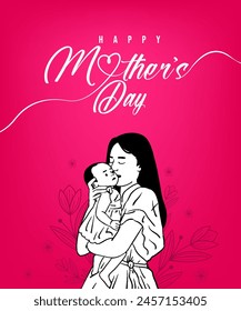 Happy Mother’s Day lettering with happy mother and child together vector illustration, Mother’s Day social media banner.