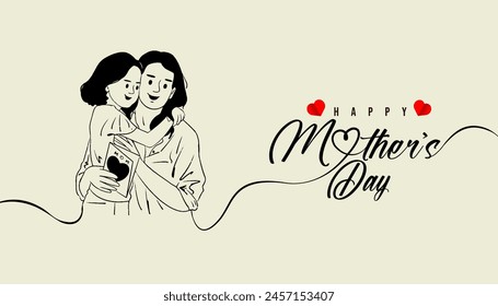 Happy Mother’s Day lettering with happy mother and child together vector illustration, Mother’s Day social media banner.