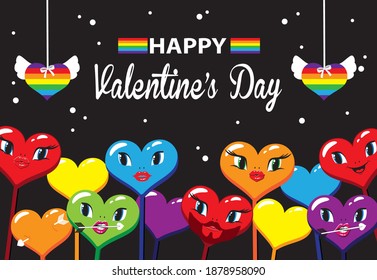 Happy  Valentine’s Day. Lgbt banner with rainbow hearts border. Vector illustration. Space for text.