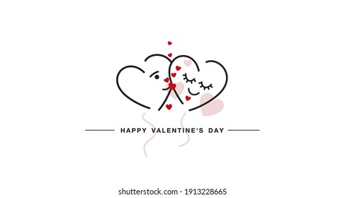 Happy Valentine’s Day line art design of two hearts in love with lots of kisses on an isolated white background