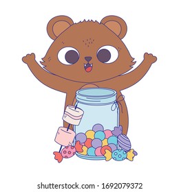 happy day, little bear jar with candies and caramels vector illustration