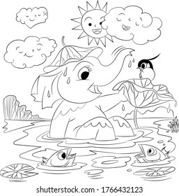 Happy day of little elephant in the stream.Vector image hand drawn for coloring book illustration,pre school coloring,animals illustration,animals cartoon illustration,greeting card,pattern,decoration