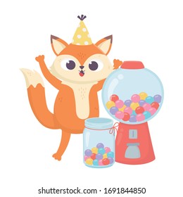 happy day, little fox with jar full of sweet candies vector illustration