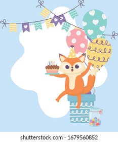 happy day, little fox sitting on gift with cake balloons pennants vector illustration