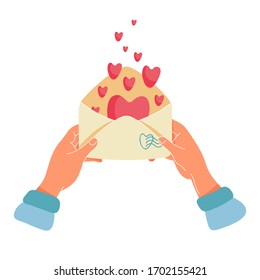 Happy Valentine’s day, love or romantic letter concept. Female hands holding envelope with red hearts inside. Flat cartoon vector illustration for greeting card.