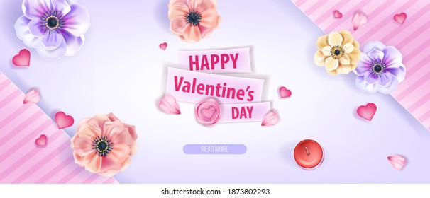 Happy Valentine’s Day love vector background, greeting card or promotional poster with anemone flowers. Holiday February romantic floral banner with petals, hearts. Valentine’s Day pink background