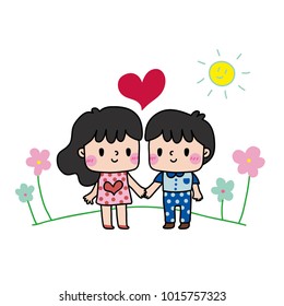 Happy valentine’s day with lover in the garden at sunshine day. Hold one’s hand . Decoration greeting card,banner,website,cute vector,doodle.