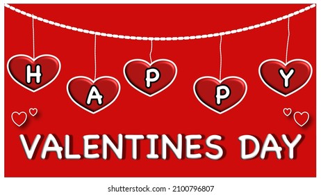 Happy Valentine’s Day message on a red background. The word happy written inside hearts that are hanging down from a rope. 