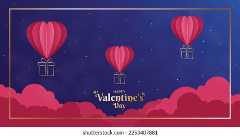 Happy Valentine’s Day Modern Banner Vector Illustration. February 14 Holiday. Hot Air Balloon Gifts Heart Design in Night sky. Social media post, greeting, website header, promotion graphic resource