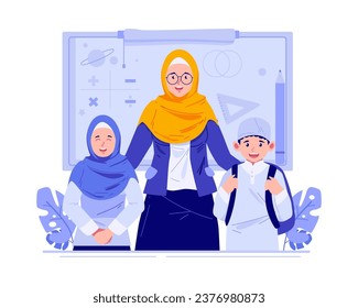 Happy Teacher’s Day. A Muslim Female Teacher With Children Students. World Teacher’s Day Celebration