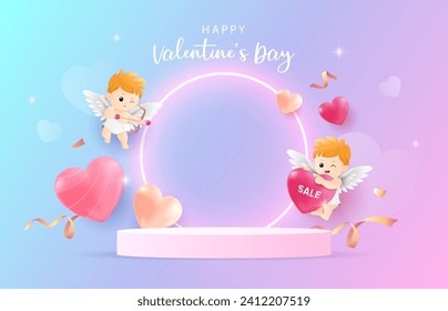 Happy Valentine’s Day neon background with cupid angels, love heart, podium and gradient blue pink background. Promotion and shopping template for love and valentine’s day concept.