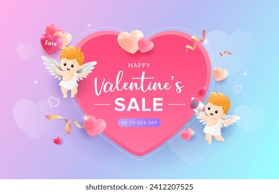 Happy Valentine’s Day neon background with cupid angels, big heart shape and gradient blue pink background. Promotion and shopping template for love and valentine’s day concept.