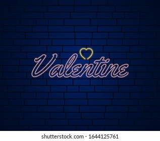 Happy valentine’s day neon glow light decoration. Logo, label, emblem signage, signboard, banner. Vector illustration of love couple promotion