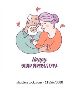 Happy day of the older person. An elderly couple, husband and wife hugging each other. Cute vector illustration of a greeting card.