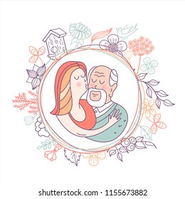 Happy day of the older person. Granddaughter hugging a beloved grandfather. Cute vector illustration of a greeting card.