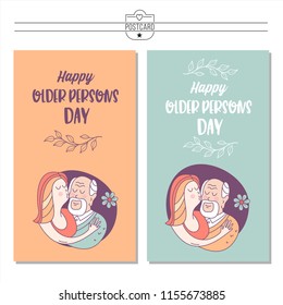 Happy day of the older person. Granddaughter hugging a beloved grandfather. Cute vector illustration of a greeting card.