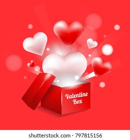 Happy valentine’s day open gift box with flying hearts. Vector illustrator