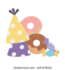 happy day, party hats donuts and candies cartoon vector illustration