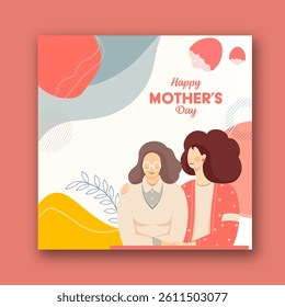 Happy Mother’s Day Post with Cartoon Mother and Young Daughter Embracing Together Illustration.